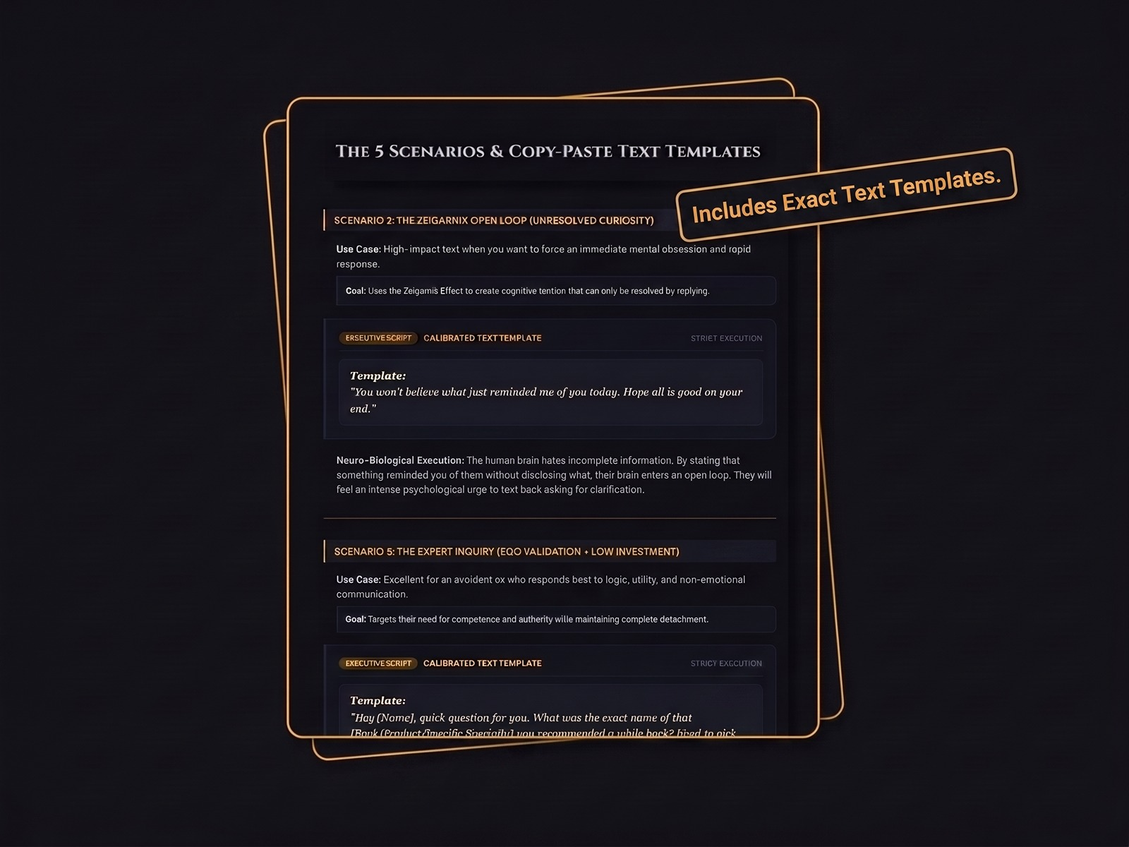 Sample pages showing the five scenarios and copy-paste text templates